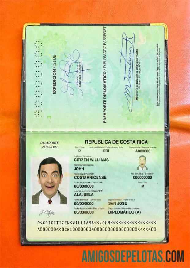 Foto do passaporte diplomático da Costa Rica modelo